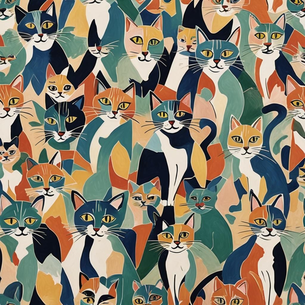 Abstract Cats in Cubism Style, Matisse Colors