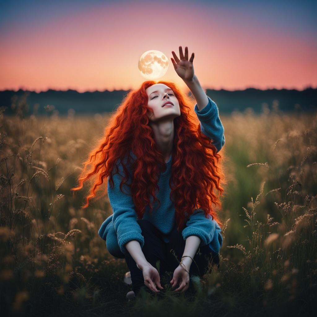 Girl with Red Hair Reaching for Crescent Moon