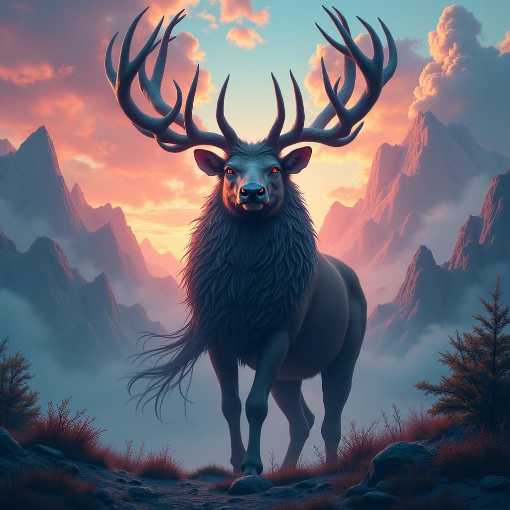 Regal Antlered Man in Dreamlike Landscape
