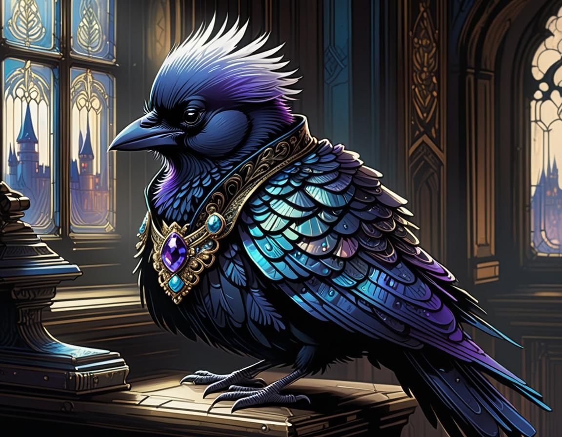 Cartoon Baby Raven in Lavish Castle Interior