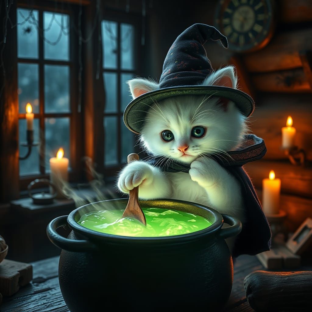 Kitten Witch Brewing Potion in Cozy Cabin
