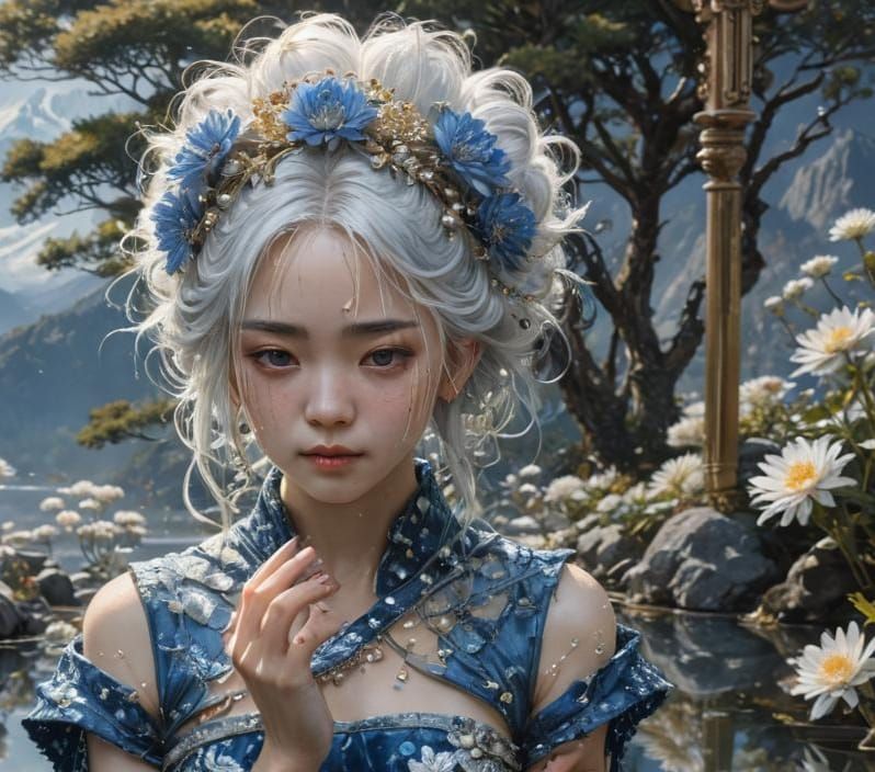 Ornate Japanese Princess Reflecting, Art Nouveau Style