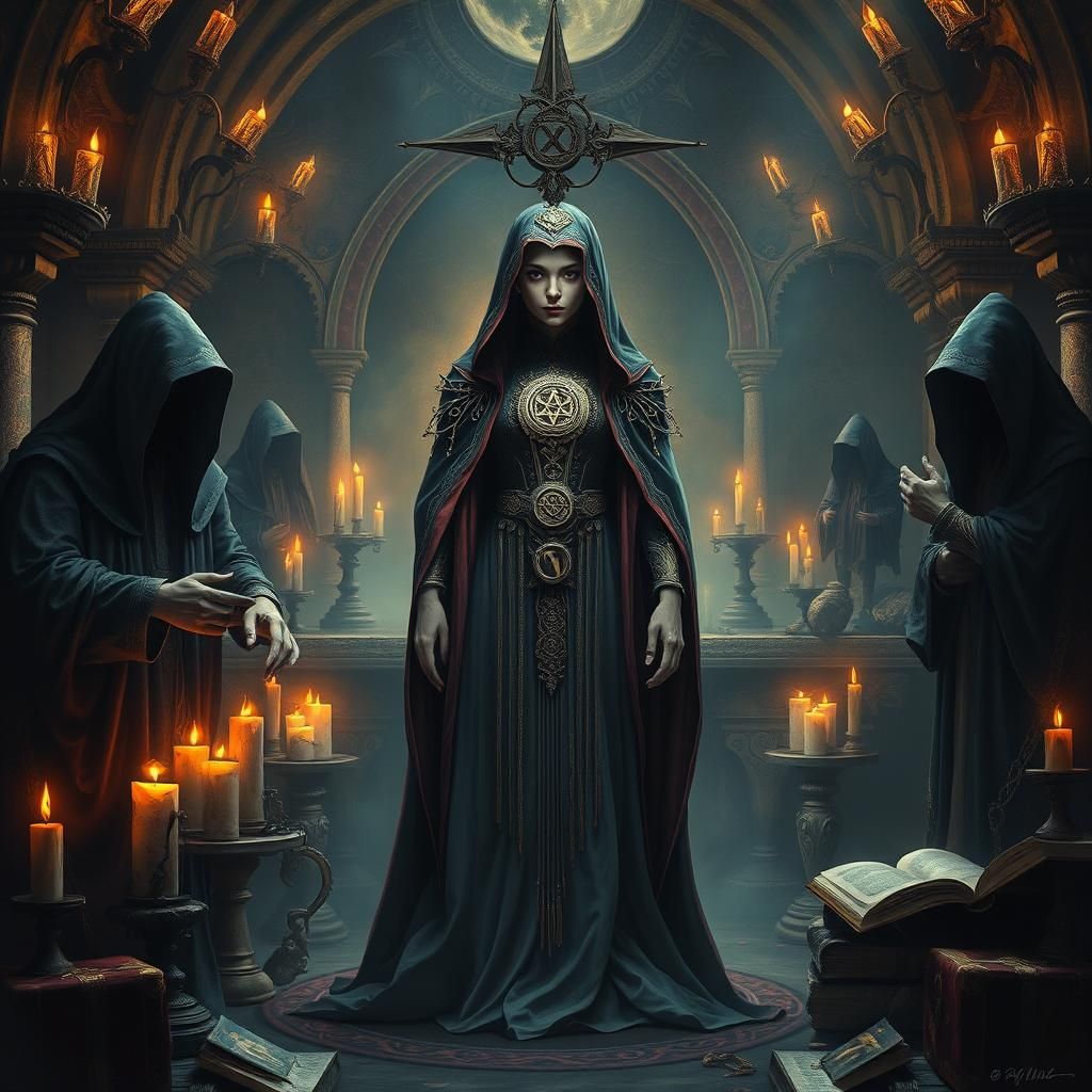 Mysterious Woman Cult Leader in Dark Fantasy Style