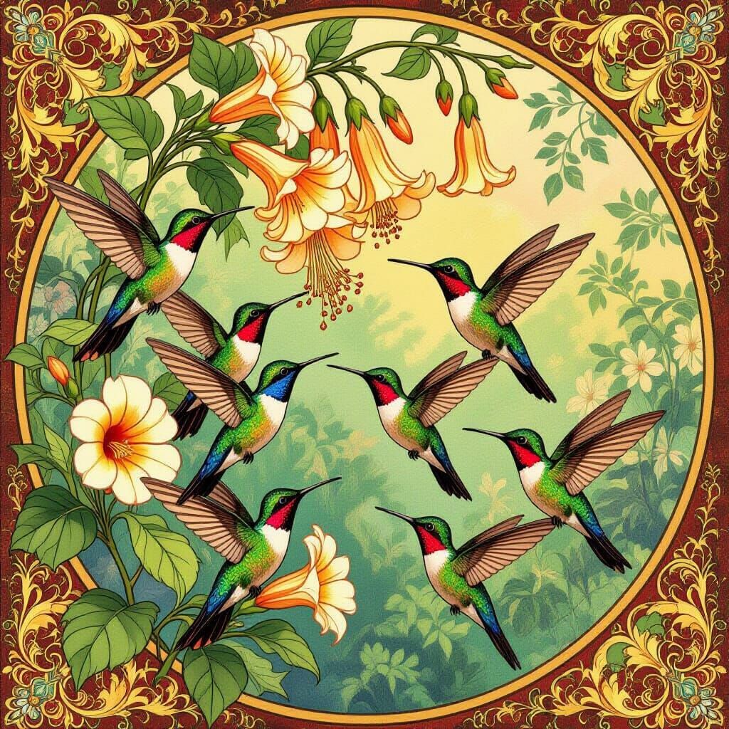Hummingbirds at Trumpet Vine, Art Nouveau Illustration