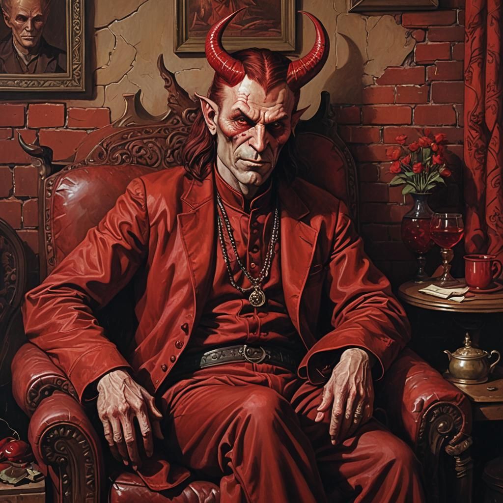 Satan's Crimson Respite: A Portrait in Folk Art Style