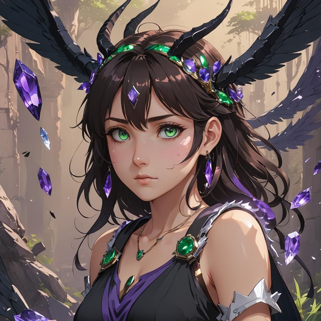 Anime Girl with Broken Horn and Black Wings
