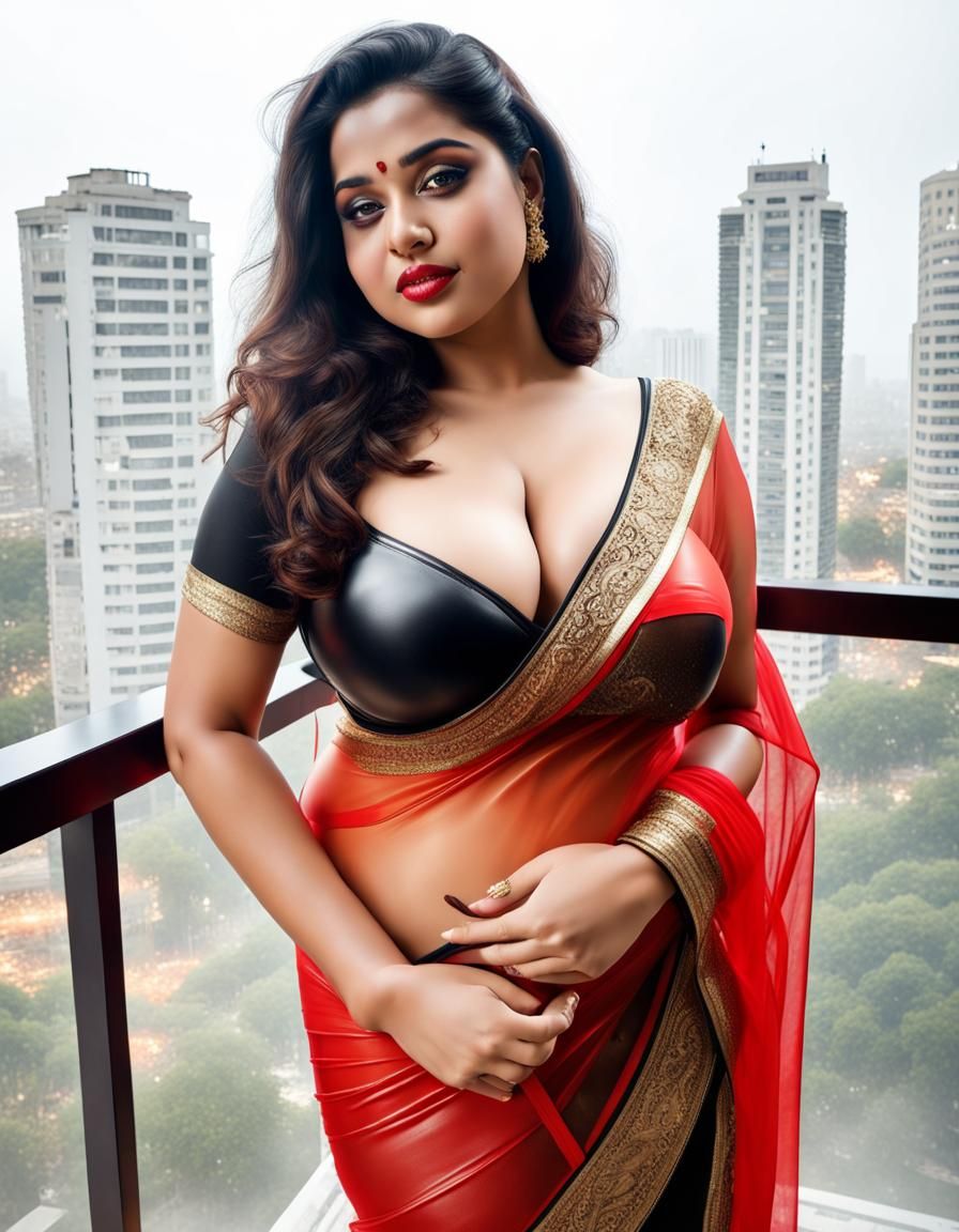 Curvy Woman in Leather Saree on Balcony