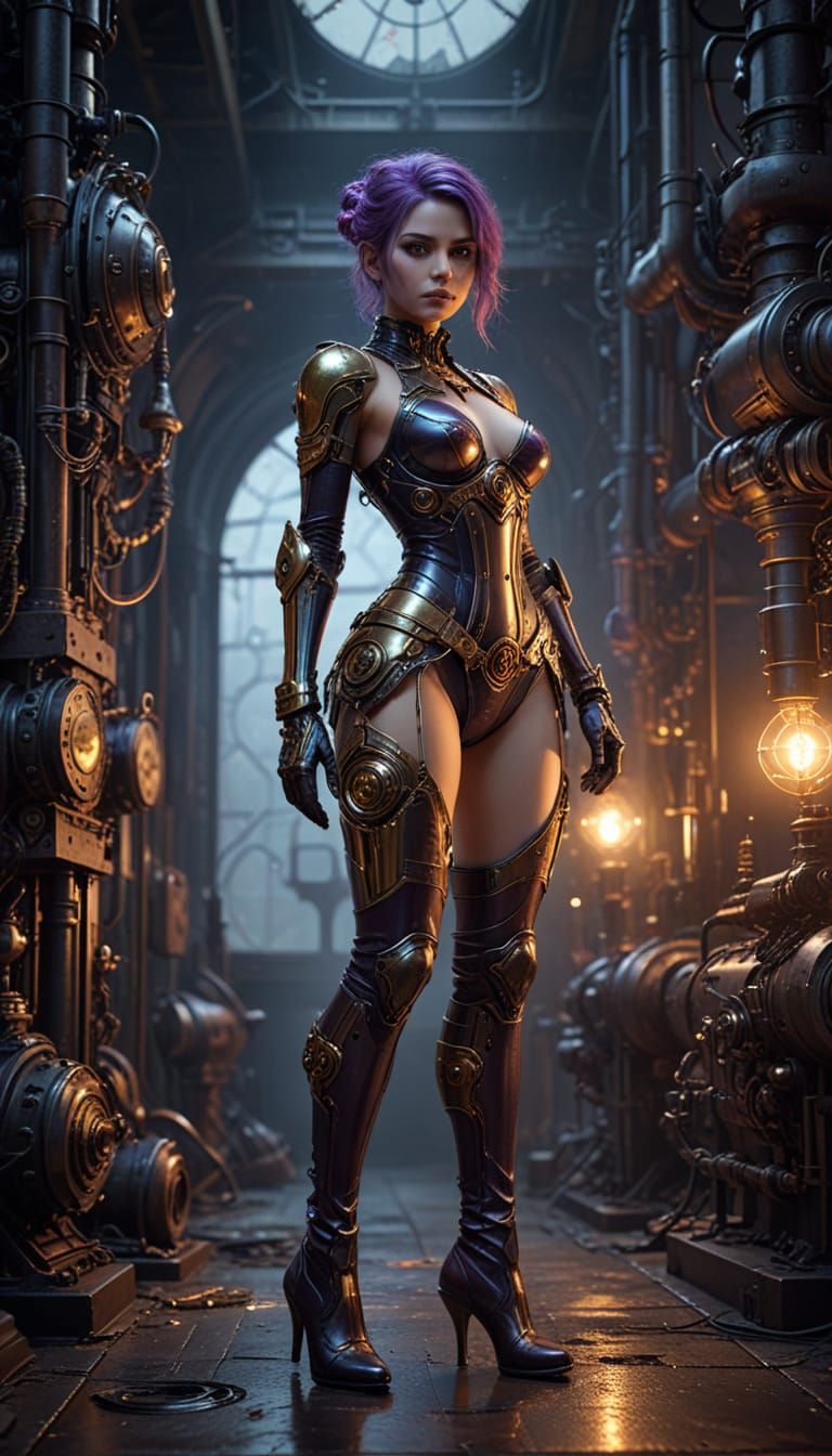 Cyborg girl with robot body and over knee stiletto platform high heel boots