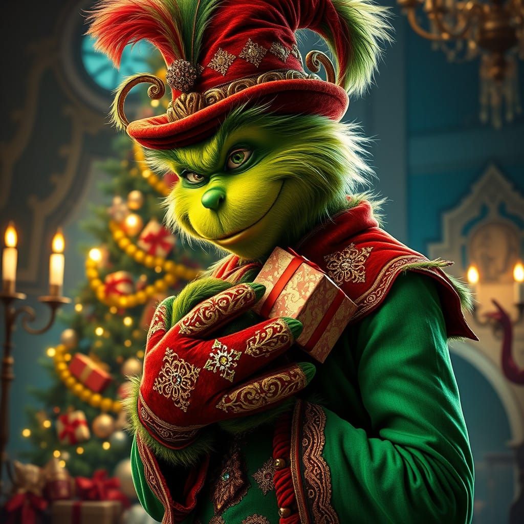 A sassy, green Mr. Grinch, with a mischievous glint in his e...