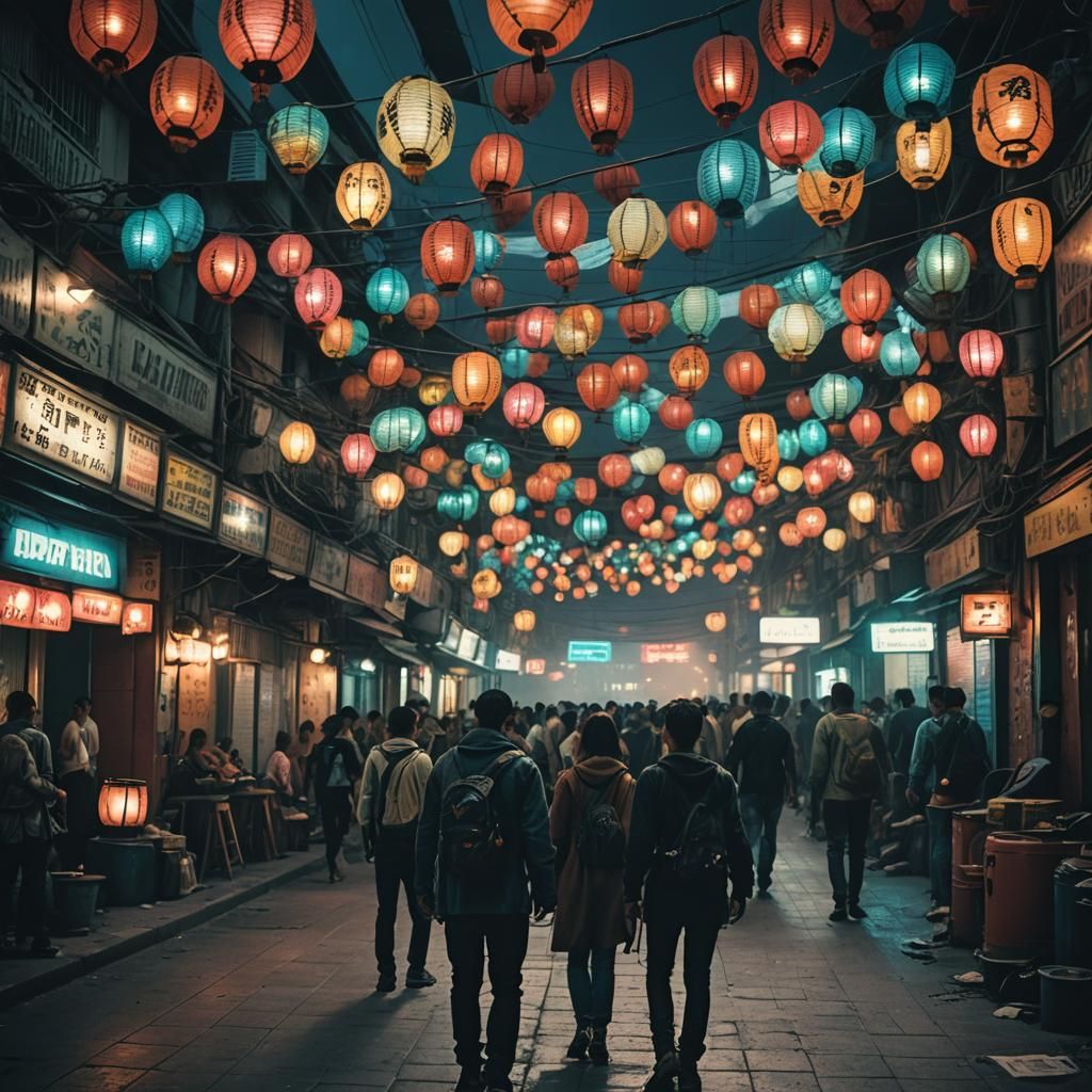 Cyberpunk Lanterns in Mexico: Cinematic Film Still