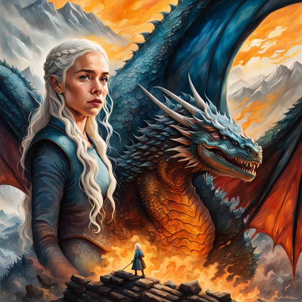 Aerial Gouache Painting of Dragon Rider Over Westeros