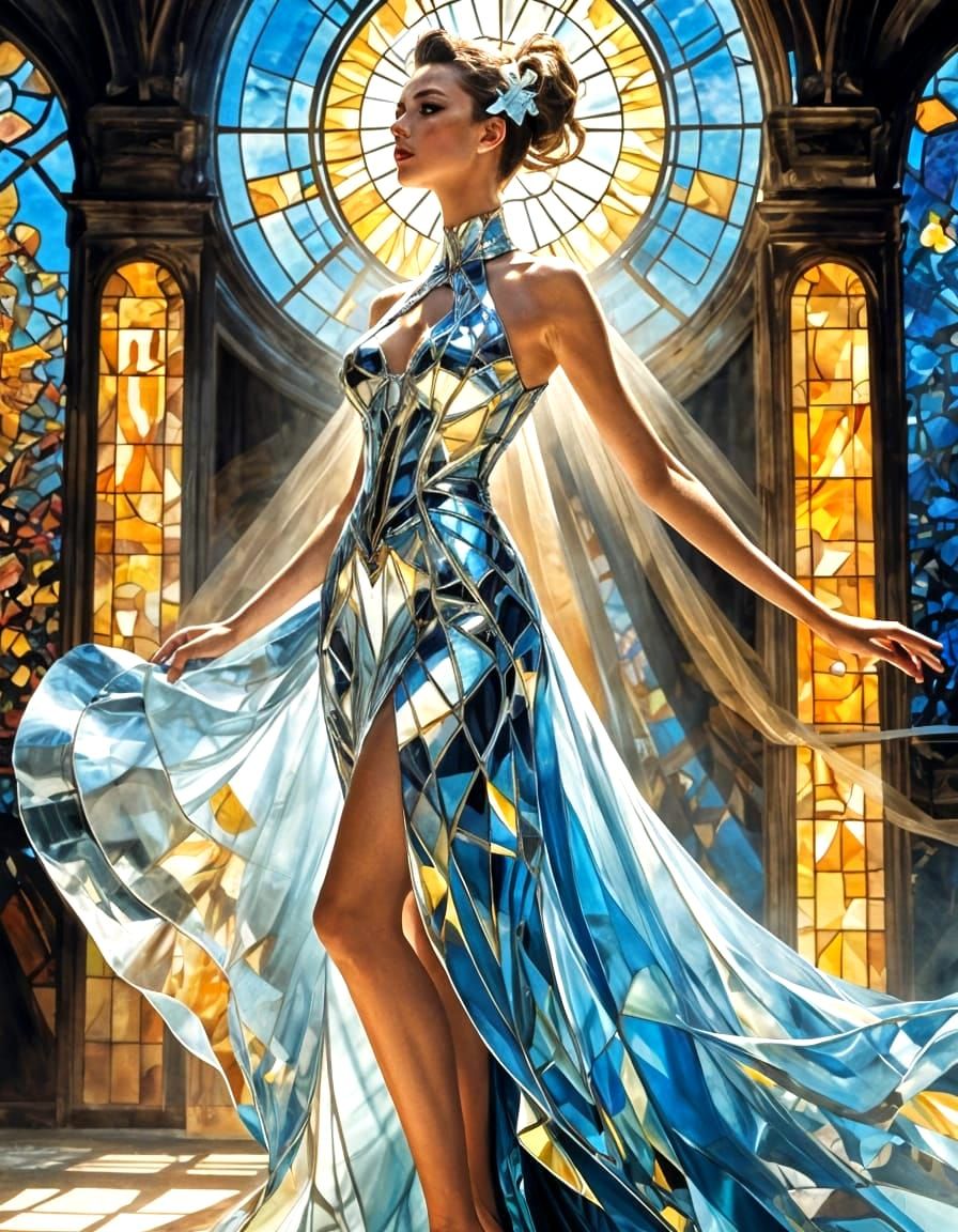 A model wears a gown made of shimmering glass panes