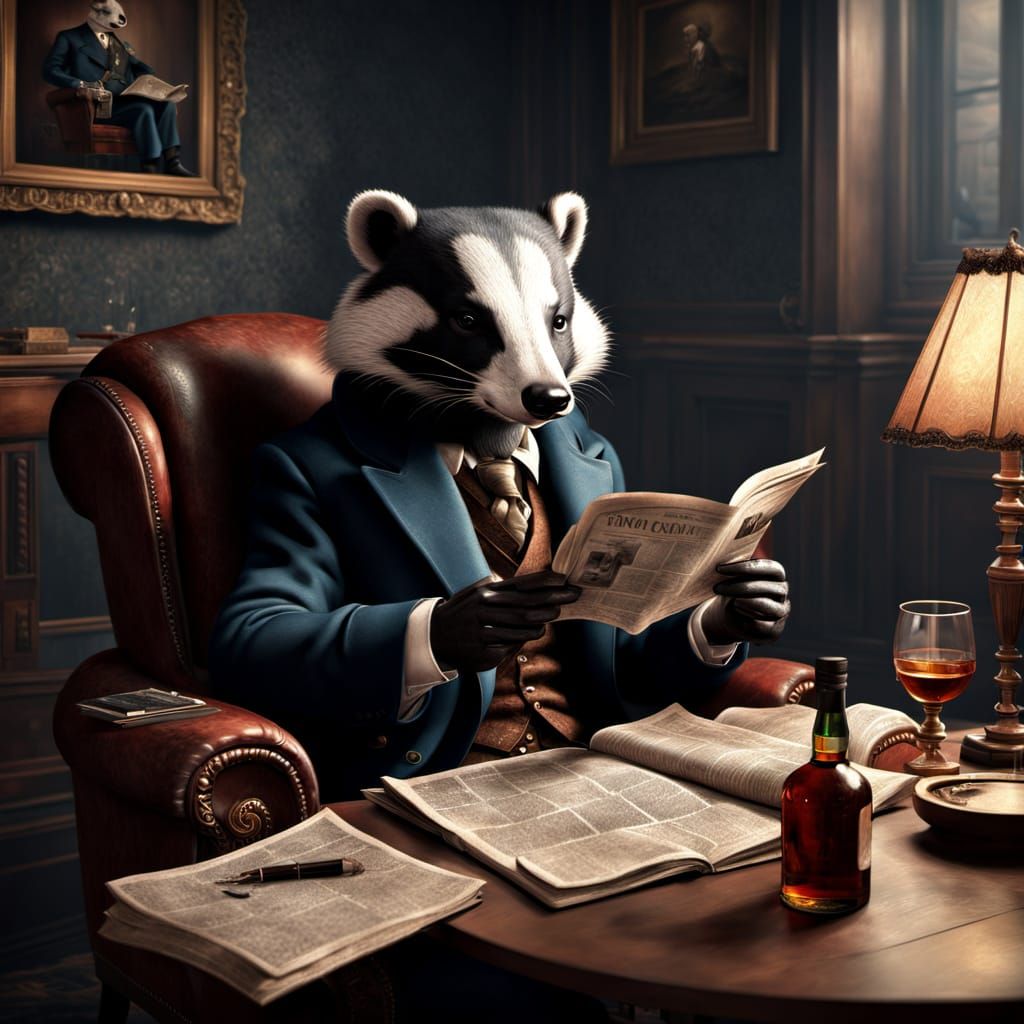 Dapper Badger Reads News in Study, Digital Painting