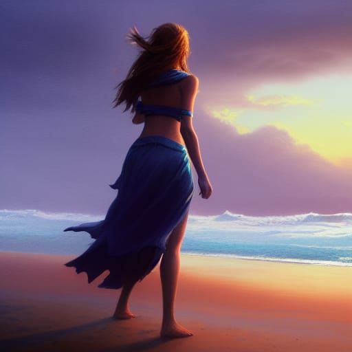 Girl on Beach at Sunset: Dark Fantasy Concept Art