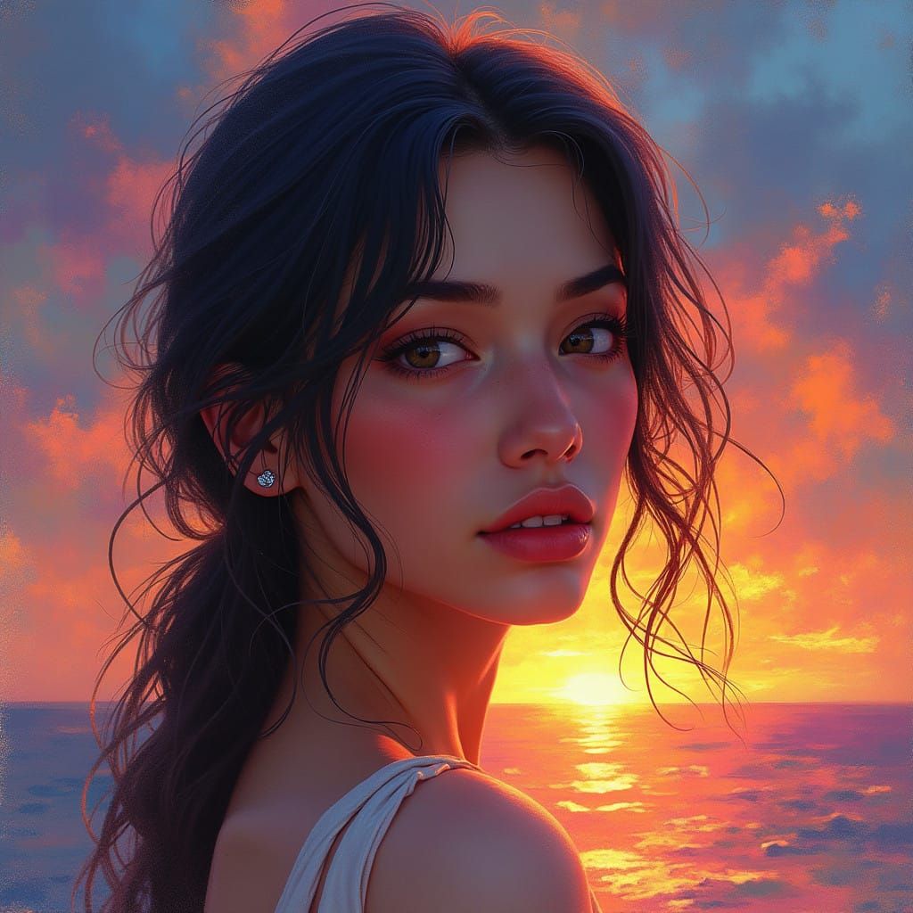 Impressionist Portrait of a Young Woman in Vibrant Dreamlike...