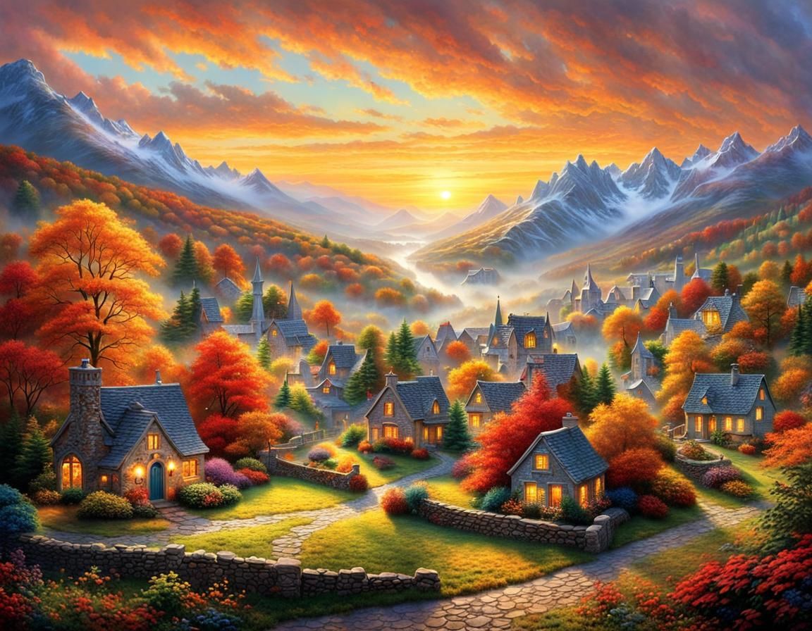 Celtic Village Sunrise in Misty Valley