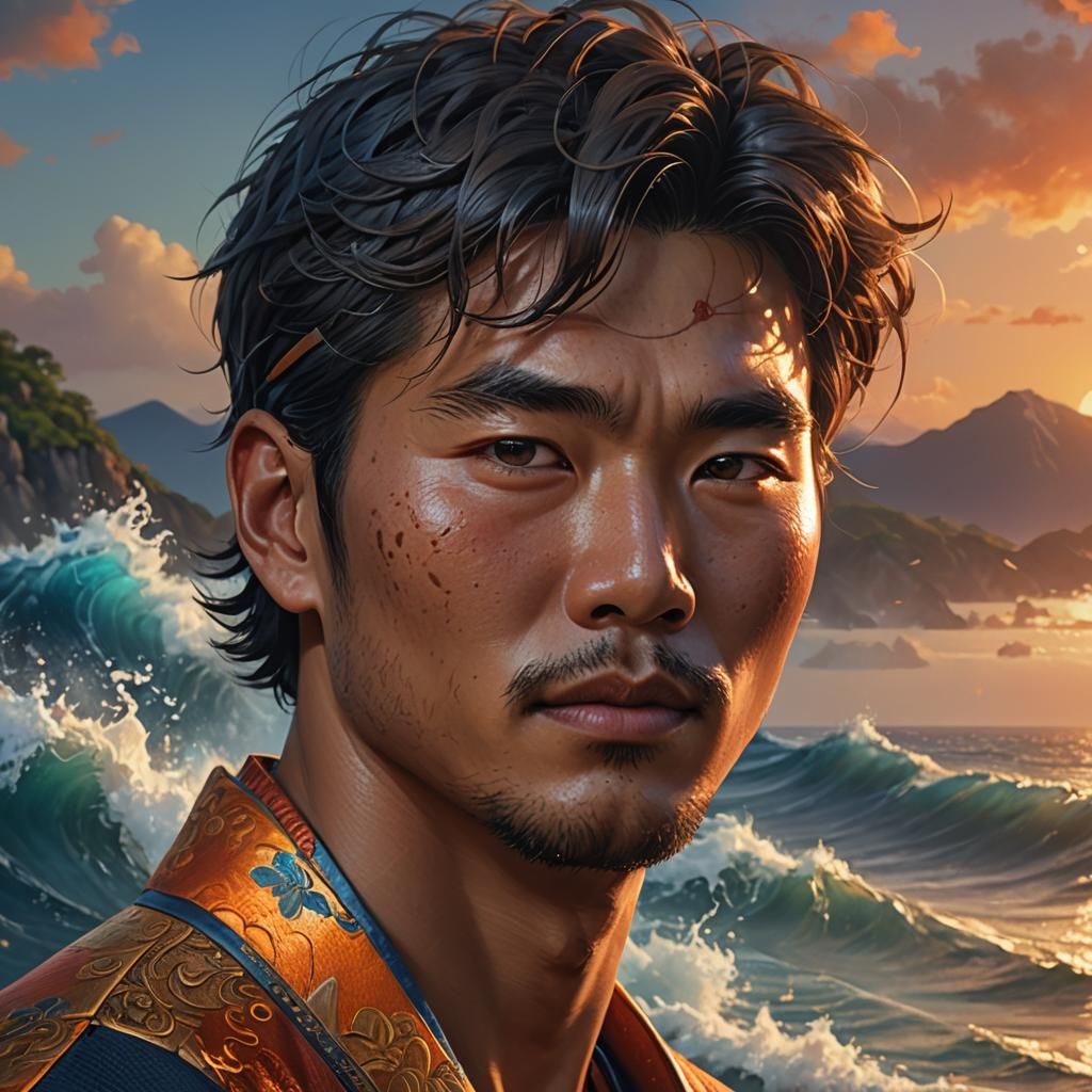 Korean Man Portrait at Sunset, Digital Painting