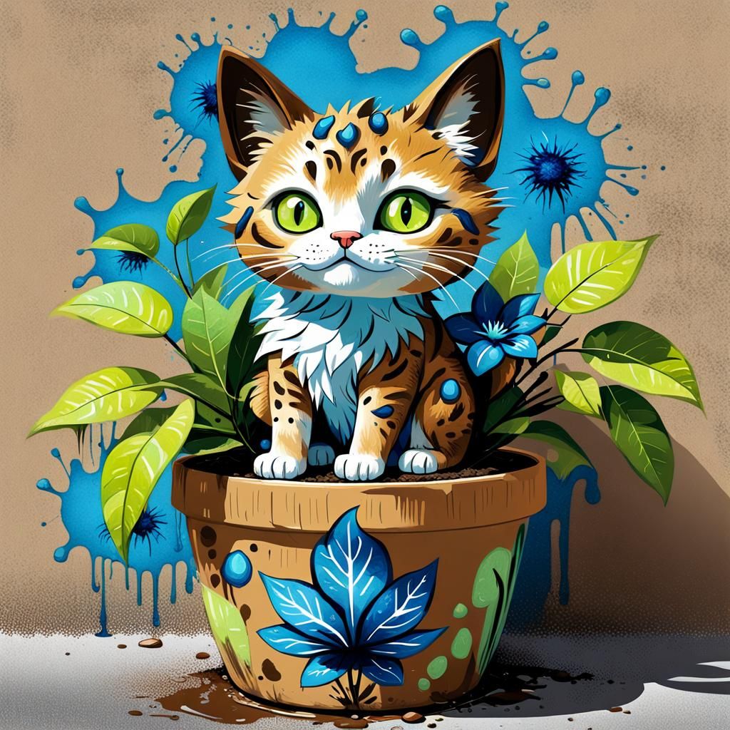 Lime Cat Graffiti Art with Glowing Flower