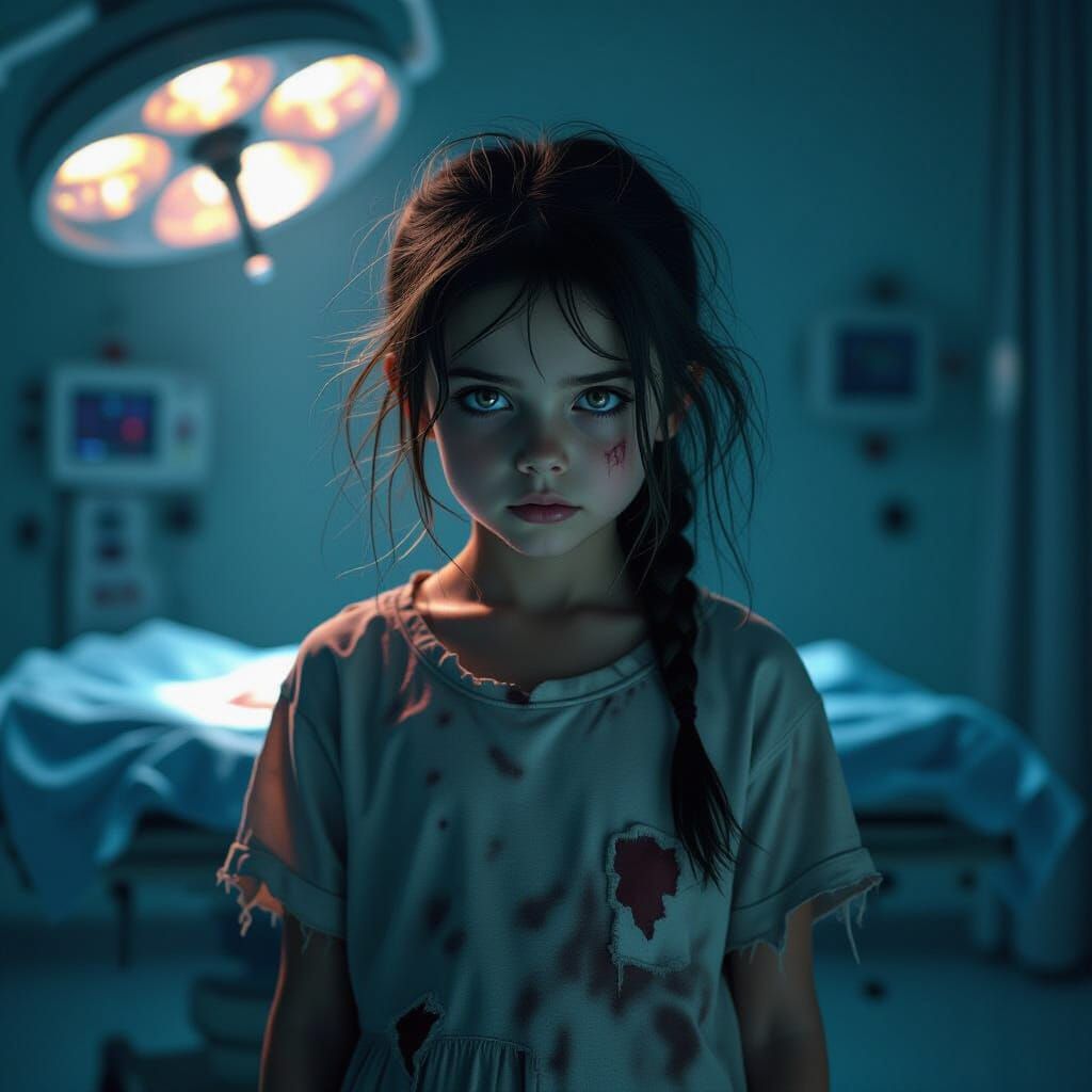 Eerie Girl in Surgical Room, Gothic Art Style