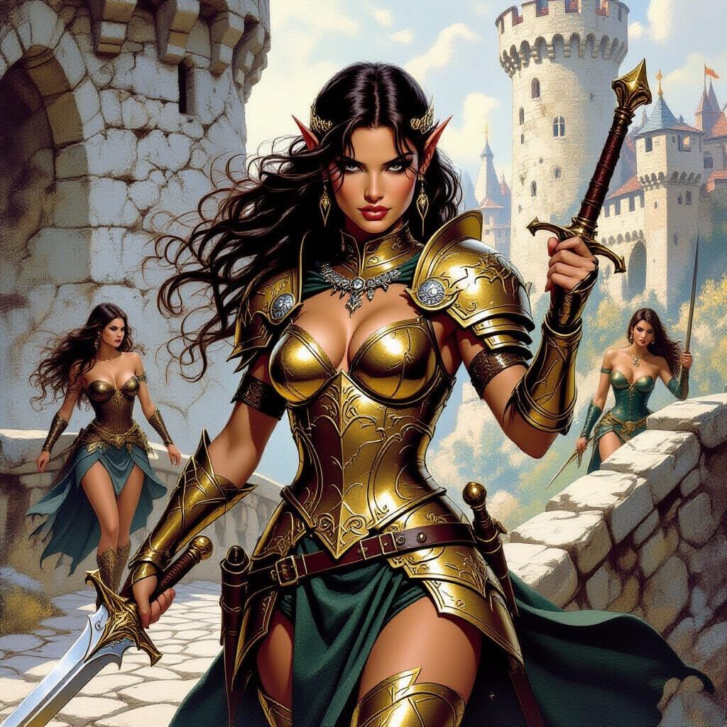 Elf Warrior Battles Ogre Women in Fantasy Illustration