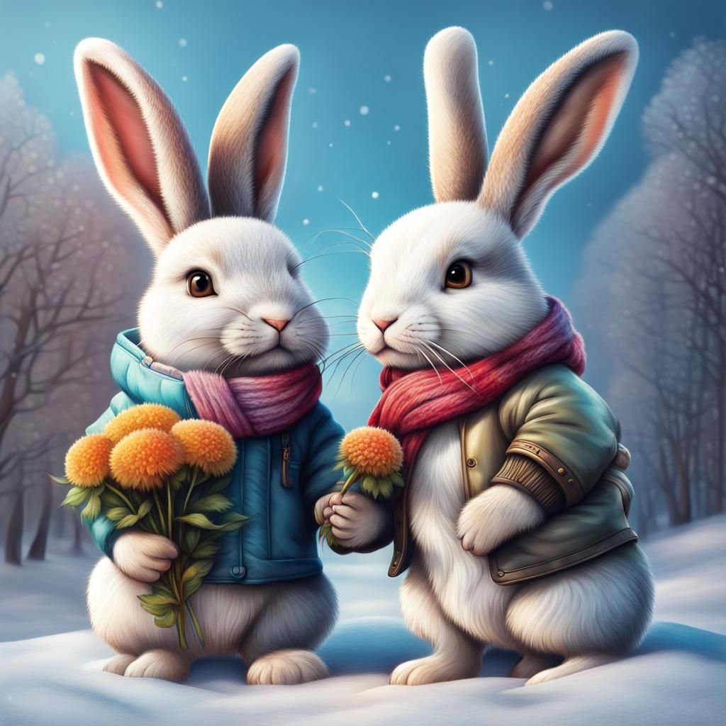Hyperrealistic Rabbits in Winter Holding a Flower