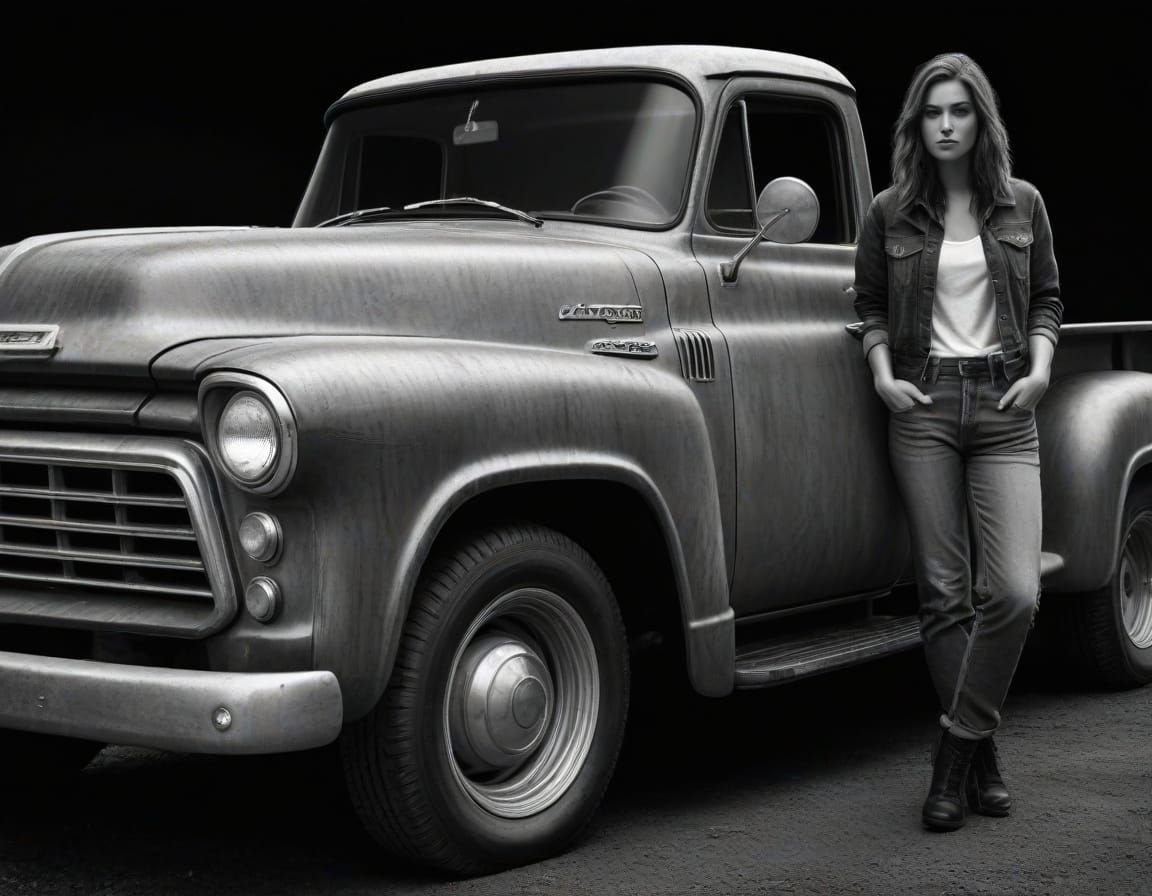 Hyperrealistic Graphite Drawing of Woman and Vintage Truck