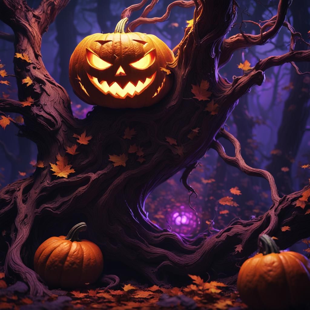Creepy Pumpkin Glowing in Dark Woods
