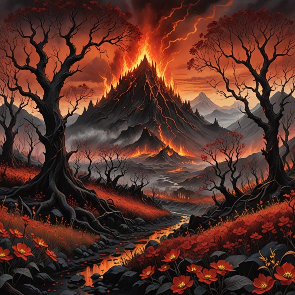 Mordor Garden: A Dark Fantasy Landscape in Gouache