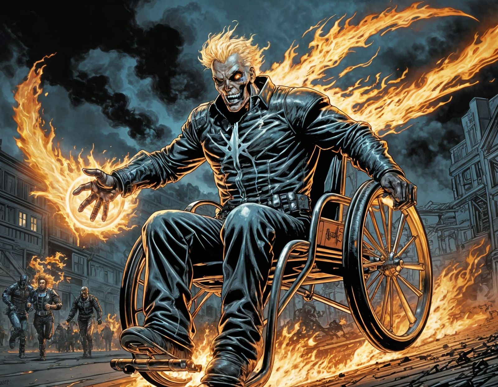 Disabled Ghost Rider Rushing with Flaming Wheels