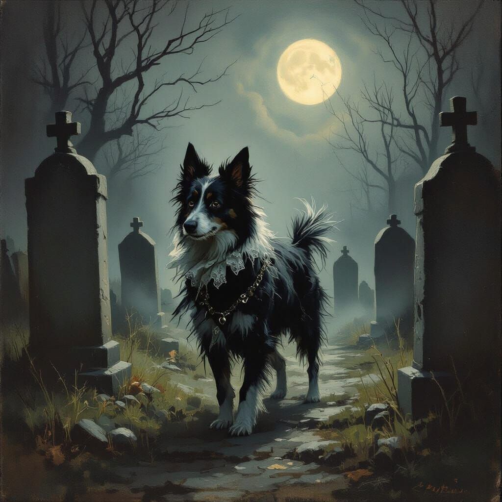 Spectral Victorian Dog in Moonlit Graveyard