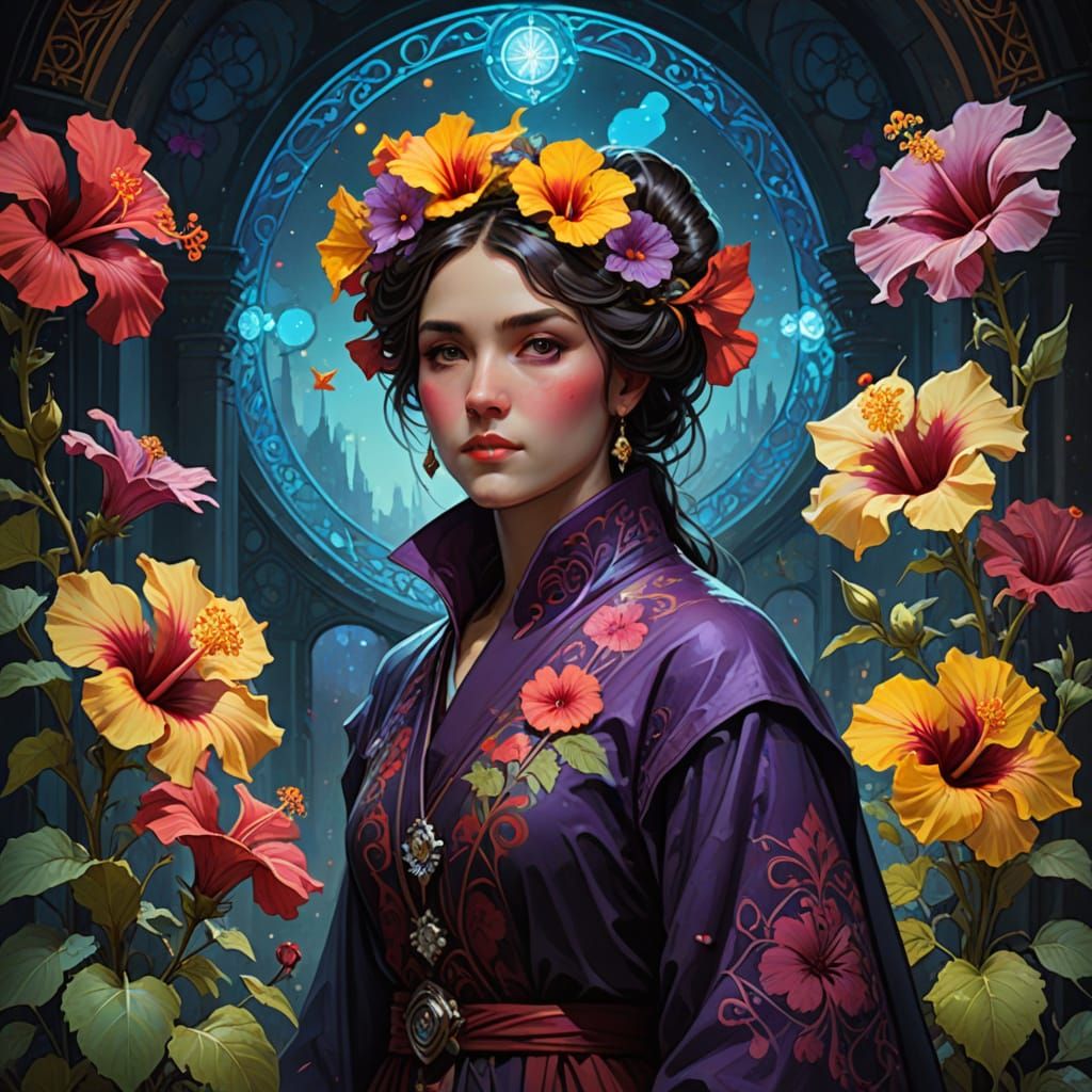 Bioluminescent Hibiscus Flowers in Dark Fantasy Style