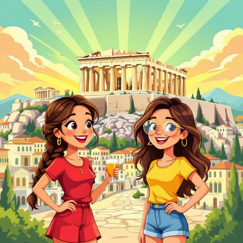 Vibrant Cartoon Athens with Acropolis and Parthenon