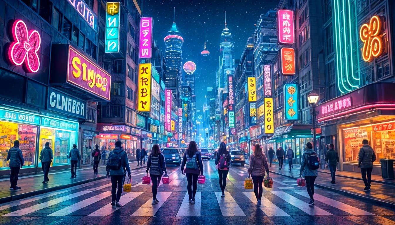 Futuristic Candy Metropolis with Neon Jelly Bean Signs