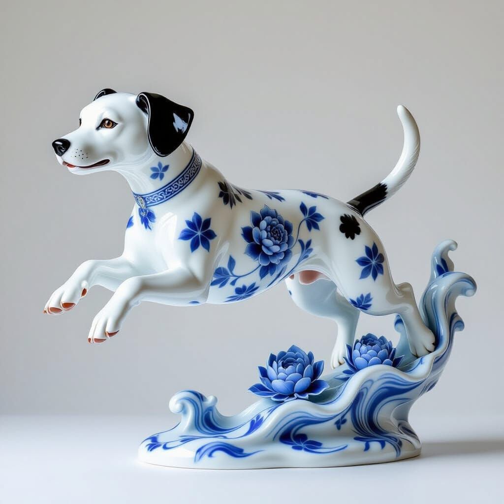 Dynamic Porcelain Dalmatian Sculpture in Mid-Leap