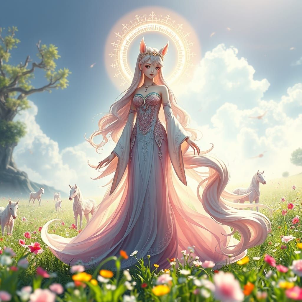 Ethereal Goddess Surrounded by Wild Ponies in 3D Anime Art