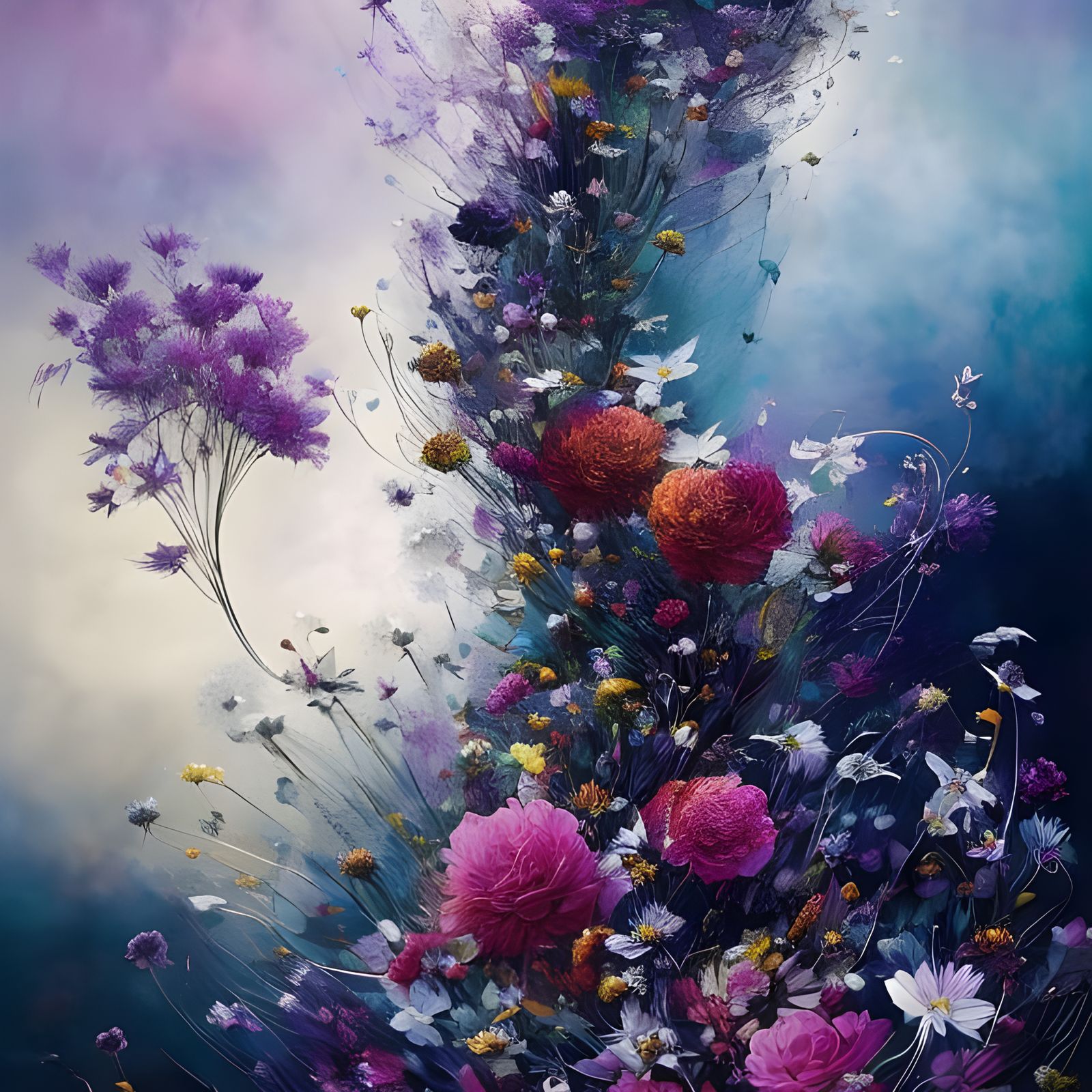 Surreal Floral Dreamscape in Fluid Acrylic Style