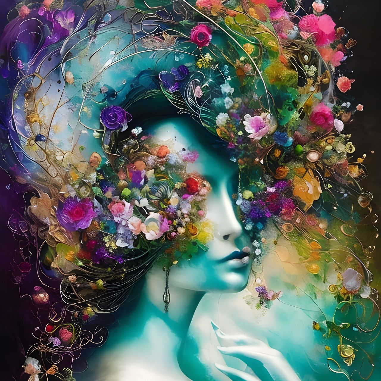 Surreal Floral Dreamscape in Liquid Metal Style