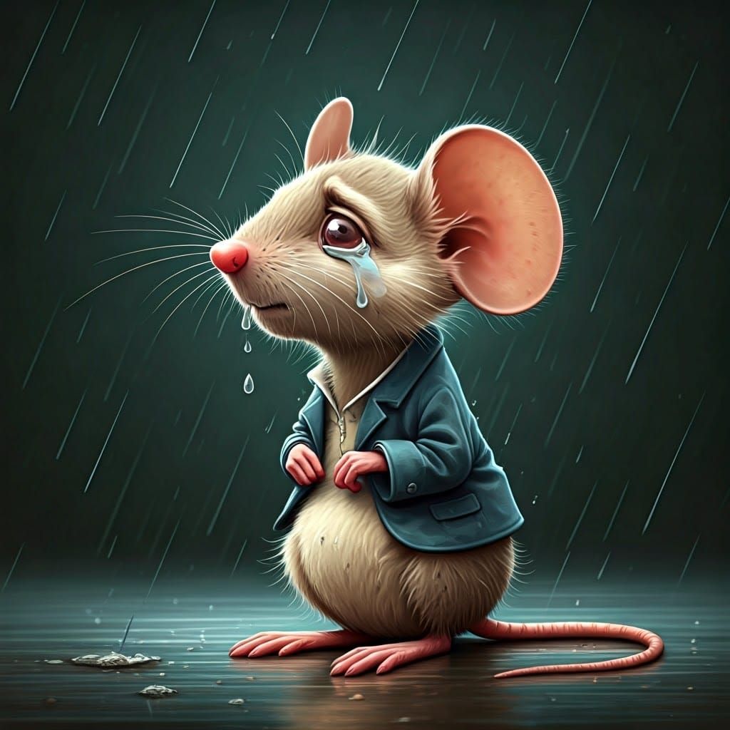 Whimsical, Quirky Mouse in Rainy Day Cartoon Style