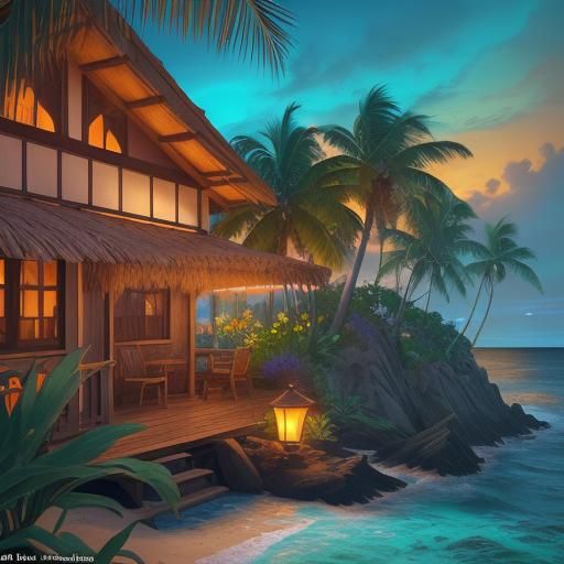 Tropical Beach Cottage at Sunset: Fantasy Concept Art