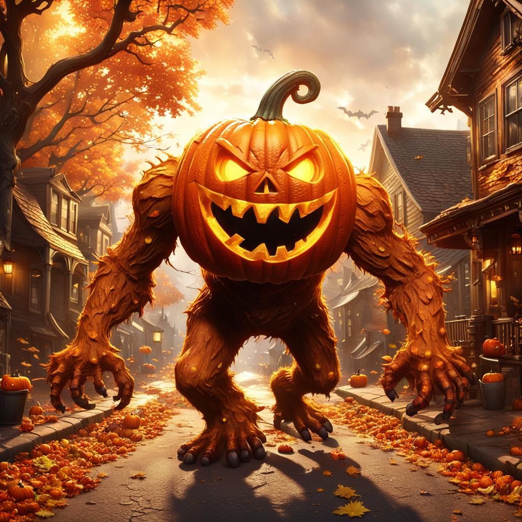 Pumpkin Spice Monster Attacks Town: Matte Painting