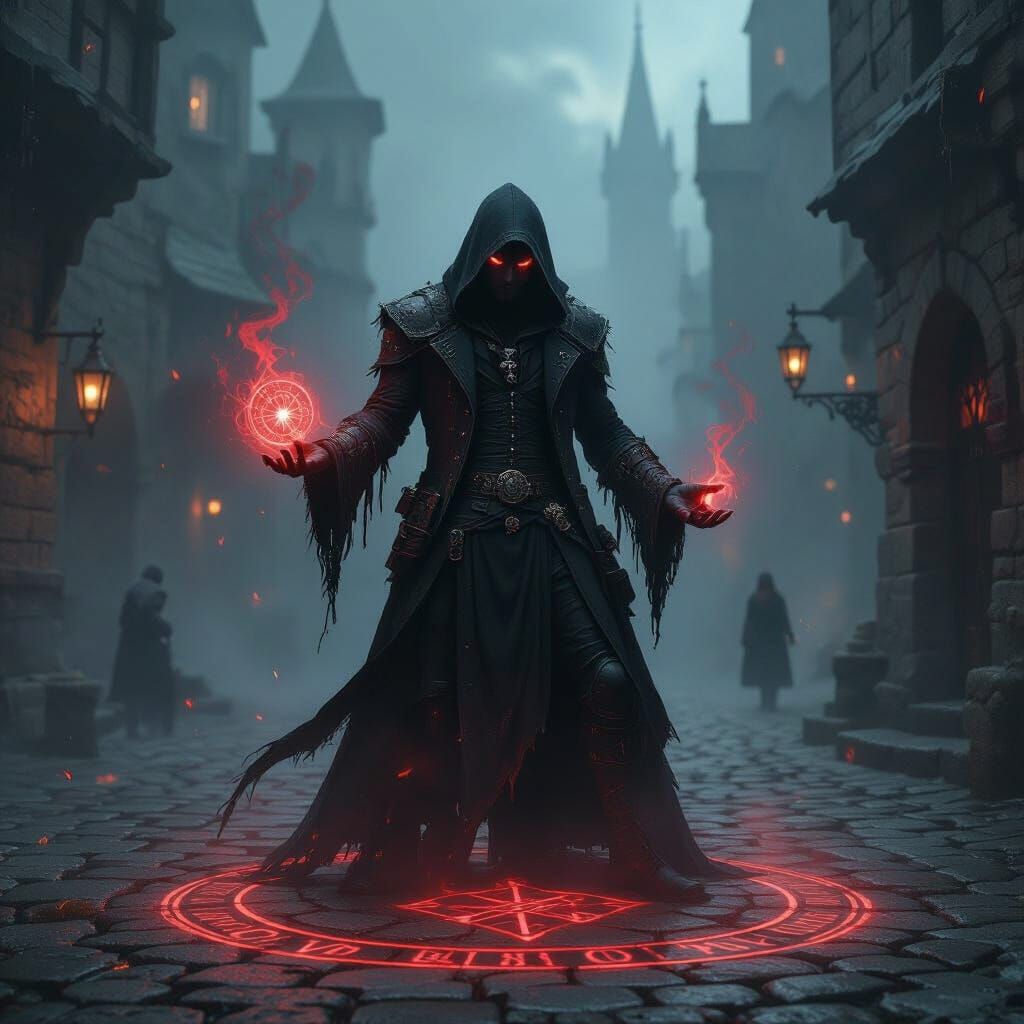 Dark Medieval Punk Sorcerer Casting Spells in Gritty Citysca...