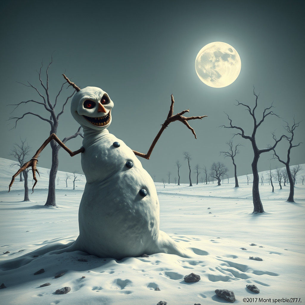 Eerie Snowman in Dreamscape, a Gothic Surrealist Vision