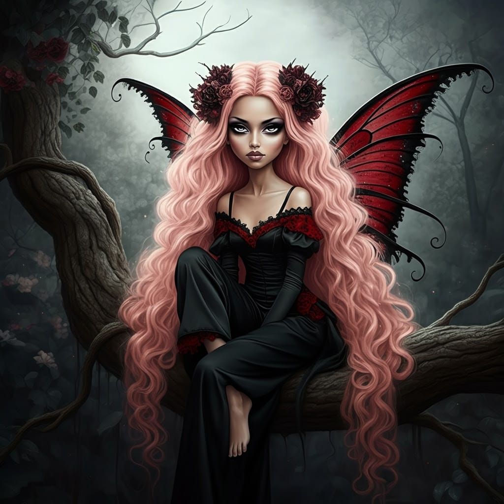 Gothic Fairy Goddess with Rose Gold Hair and Dark Garden Bac...