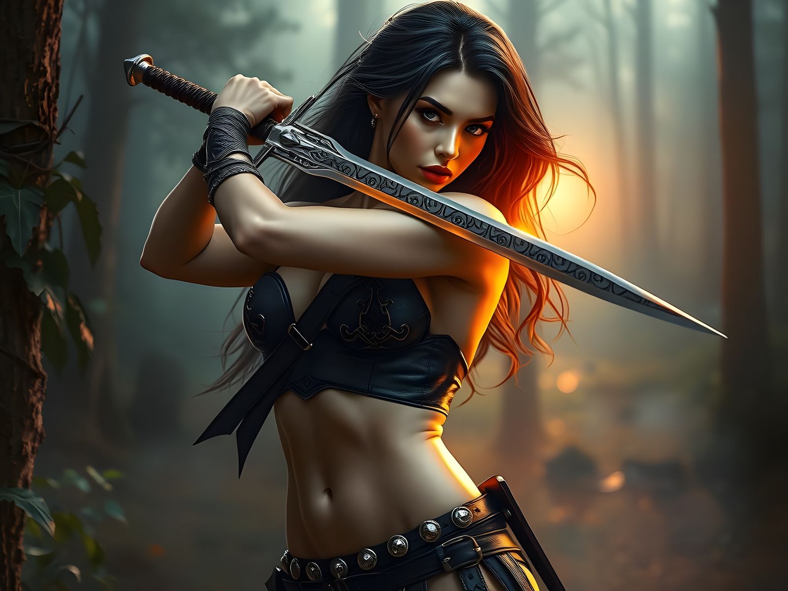 Warrior Woman with Sword in Hyperrealistic Forest