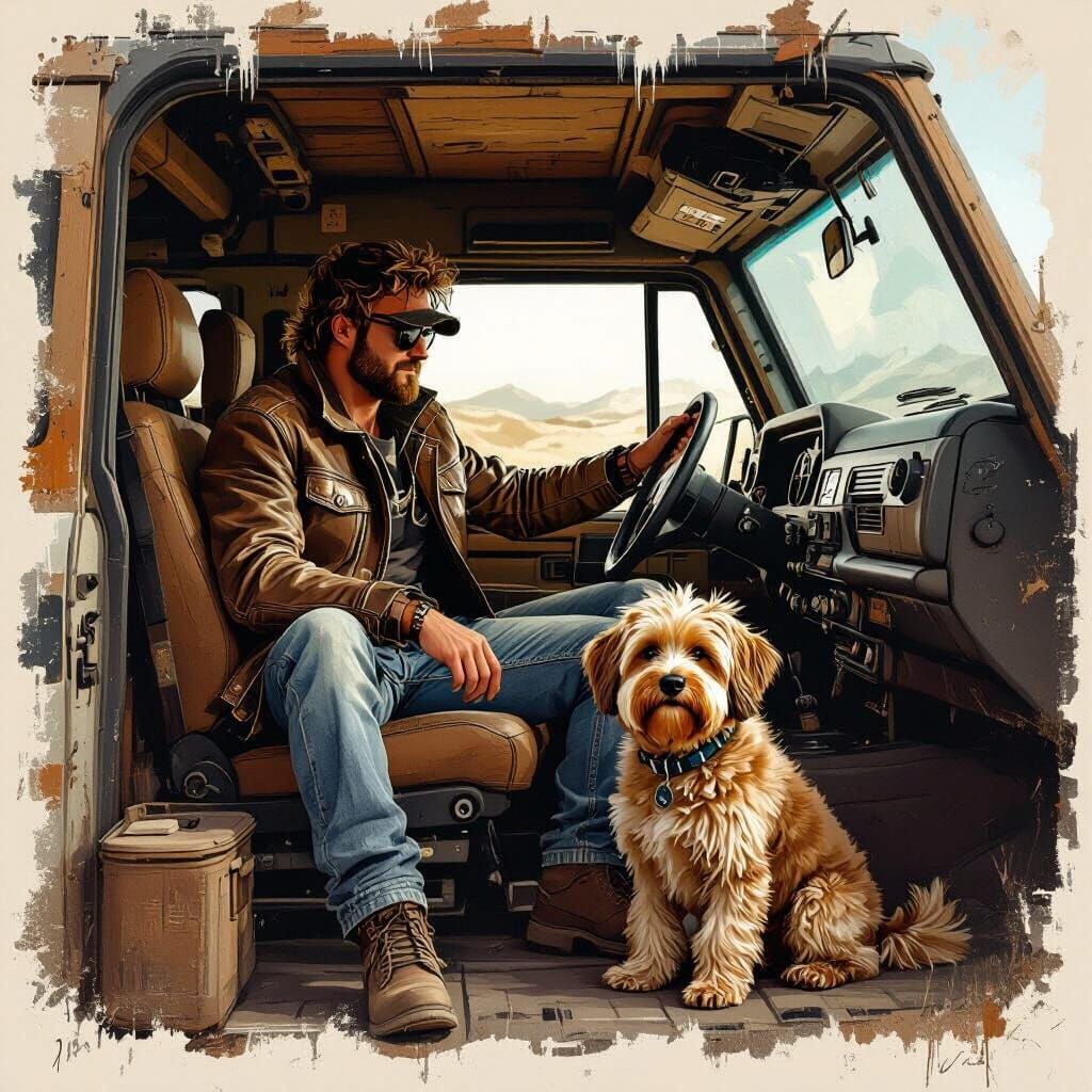 Off-Roader Interior with Driver and Dog, Syd Mead Style
