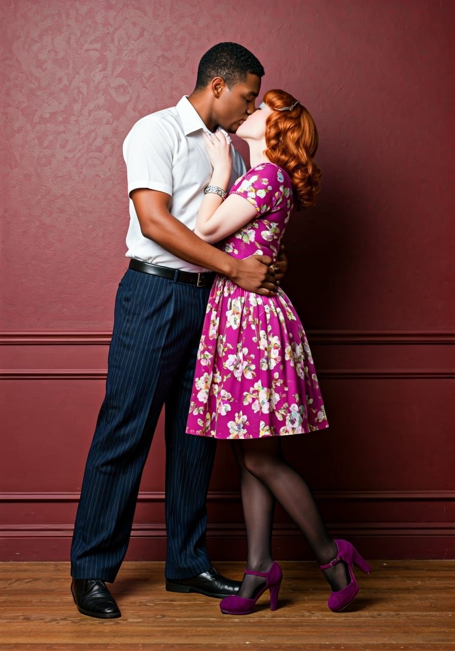 Vintage Portrait: Interracial Couple Kissing in 1950s Style