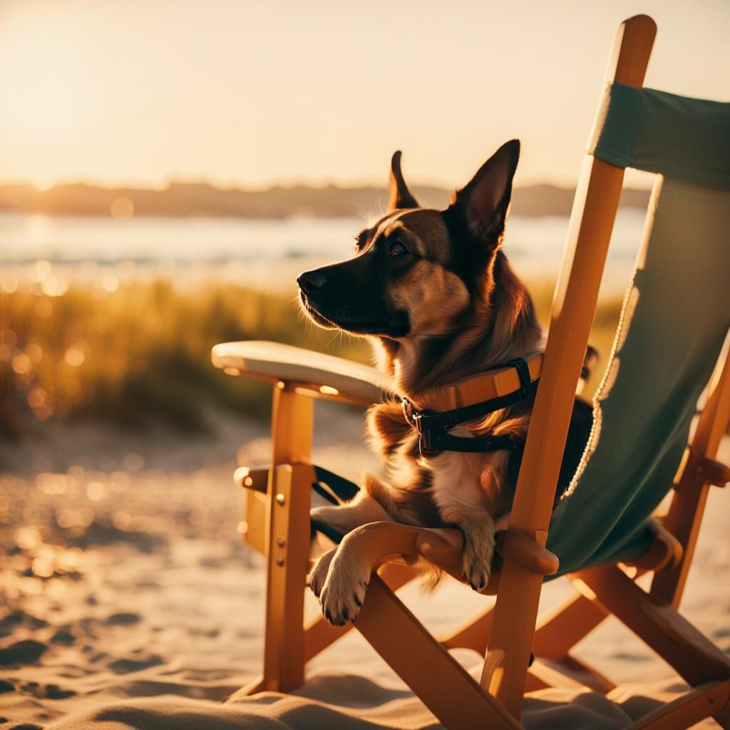 Dog Relaxing on Beach at Sunset in Cinematic Style