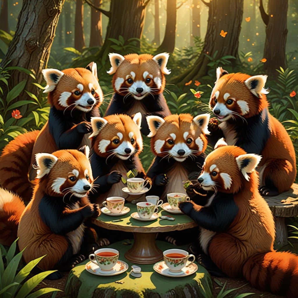 Red Pandas Enjoy Cozy Tea Party in Golden Hour Forest
