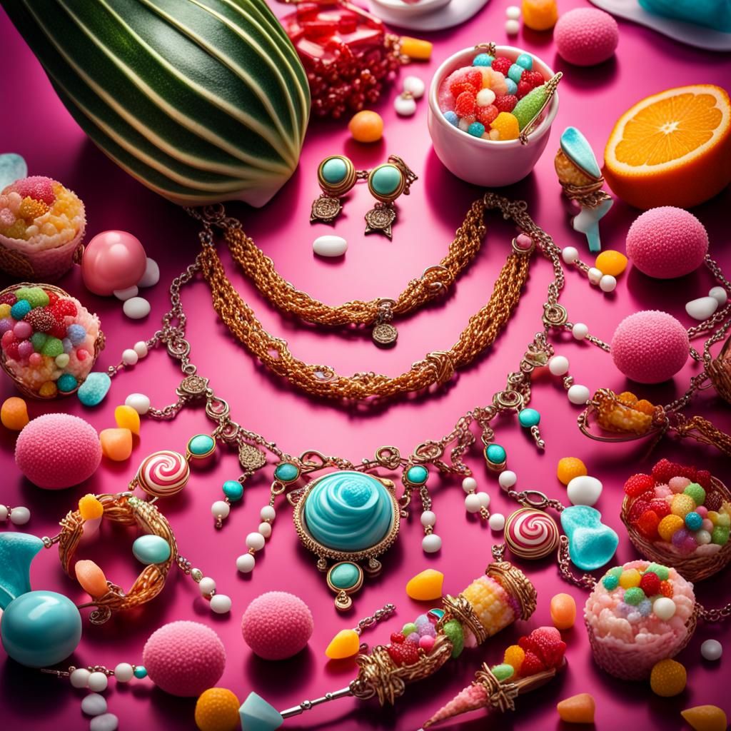 Tropical Jewelry Still Life with Sweets and Makeup