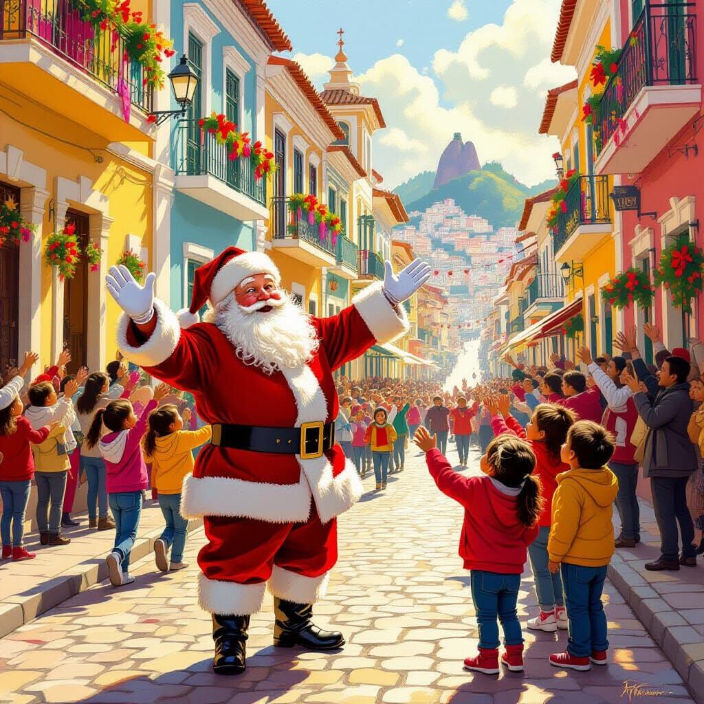 Santa Greets Children on Vibrant South American Street